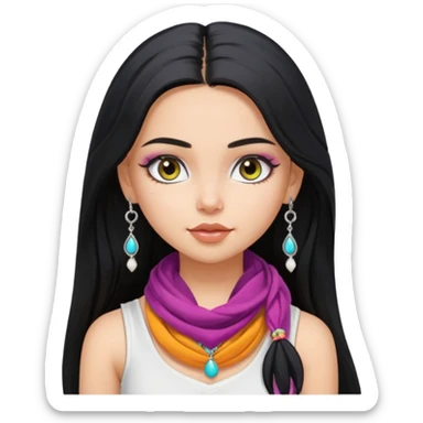 a pretty bratz girl with long black hair, kajal under eyes, small silver jhumkas. White tank top on. Colourful scarf around neck sticker