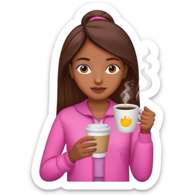 Mulher morena tomando café  com roupa rosa esfriando o café  sticker
