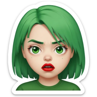 girl with green hair like Billie Eilish and red lipstick, angry expression sticker