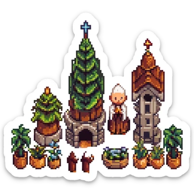 medieval monastery, pixel art style, building with towers, pixelated monks, garden, period setting sticker