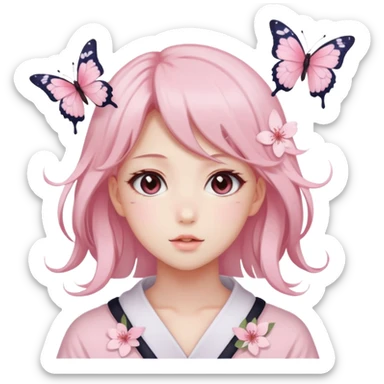 A Gorgeous Beautiful Anime Lady Sakura Cherry Blossom and Pretty Hair, pastelcore aesthetic, pastel pink and white, butterfly sticker
