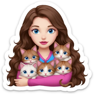 girl with long wavy brown hair, blue eyes, long lashes makeup, sexy pink lips, cuddling with 6 cats sticker