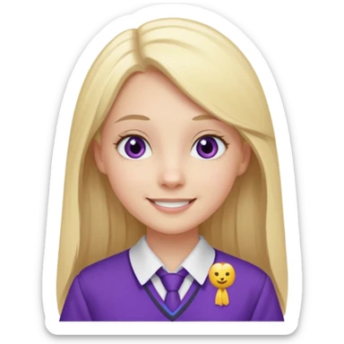 A pale girl with gray eyes and long and blonde straight hair , smiling wearing a purple school uniform  sticker