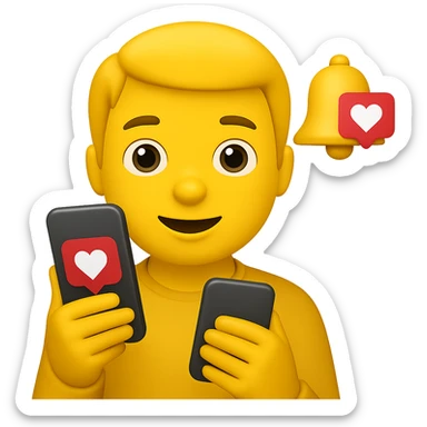 Add a notification bell with a heart to the classic yellow emoji, keeping the background transparent. The emoji should be holding a smartphone with social media notifications, maintaining the classic yellow emoji style. sticker
