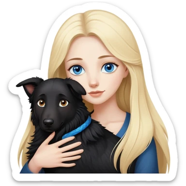 pretty woman with pale skin and who has BLUE eyes and very long blonde hair and is  hugging a black shepherd dog. The dog has brown eyes but the woman has blue eyes.  sticker