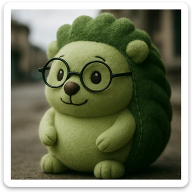 Add glasses to the green hedgehog, soft and cute style, in Plush Portrait style, with glasses. sticker