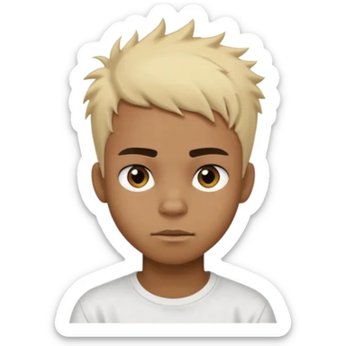 Black Male Teenager with Short punk messy blonde hair, Dark brown bushy eyebrows large expressive golden-brown eyes, wearing a plain white t-shirt, Dark Brown skin color. sticker