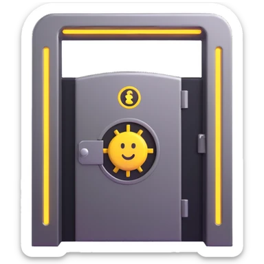 bank emoji with robotic vault door, chrome details, neon highlights, virtual bank sticker