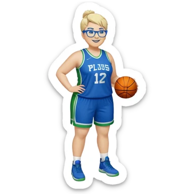 Full Body plus size white female with short spike hair wearing blue glasses basketball player wearing blue green uniform smiling sticker