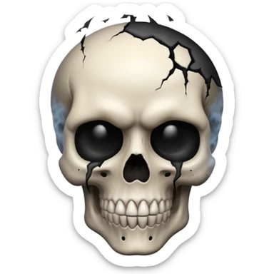 iOS style emoji, dark fantasy skull, cracks, black smoke from eyes, soft light, stylized sticker
