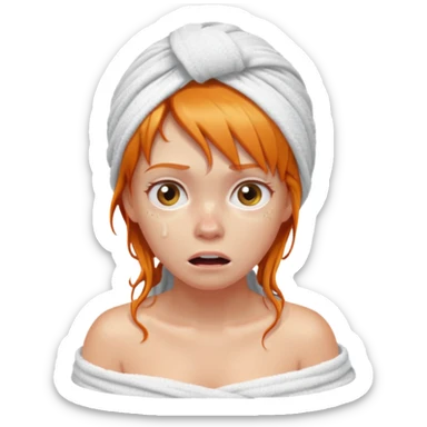 scared ginger girl with bath towels  sticker