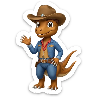 trex dinosaor with cowboy helmet with cowbot clothes sticker