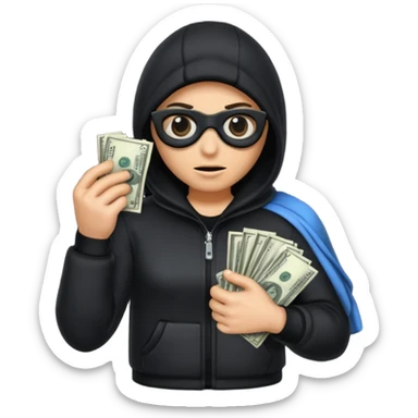 Robber with money na mão direita com uma blusa de frio preta  sticker