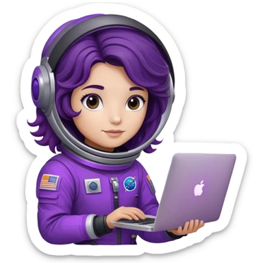 astronaut with purple suit, ombre black/brown wavy hair and a macbook sticker