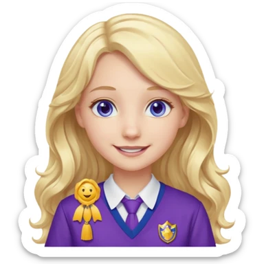A pale girl with blue eyes and long and blonde , wavy hair , smiling wearing a purple school uniform  sticker