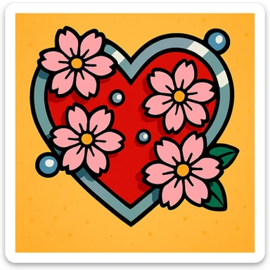 Make the silver details on the heart with sakura more prominent in vibrant toon style. sticker