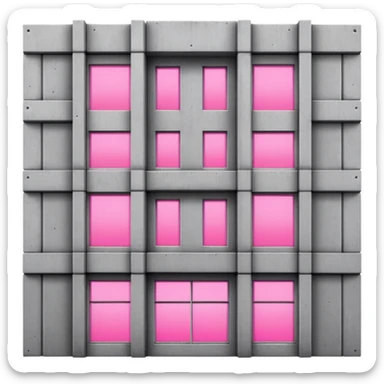Gray concrete panel building with multiple regular windows and just one pink glowing window, brutalist architecture sticker