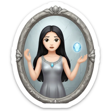Woman facing ancient mirror, reflection slightly delayed and darker sticker