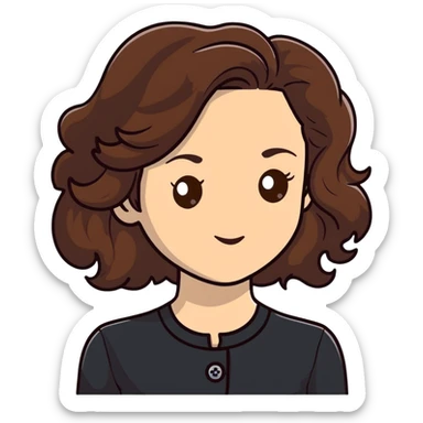 27 year old Caucasian woman with fair skin, brown eyes, long wavy dark brown hair, wearing a black top with a button sticker