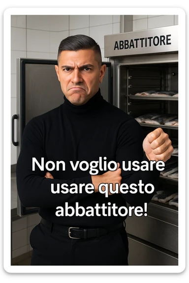 a man stands in front of a commercial fish blast freezer (abbattitore), arms crossed and a displeased, skeptical expression on his face. He shakes his head or gives a thumbs down, clearly rejecting the use of the freezer. The background shows a professional kitchen or fish processing area, with trays of fish ready for freezing. in italiano sticker