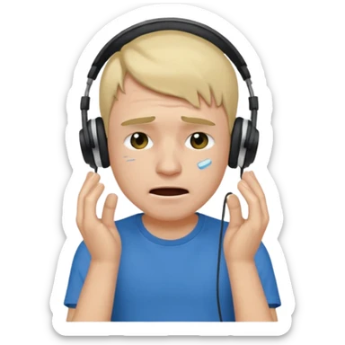 Male, crying, wearing headphone having mic, t-shirt 
 sticker