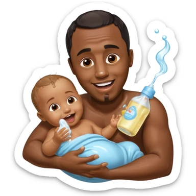 Sean “Diddy” Combs with baby oil and a very small infant and he’s pouring the baby oil on the infant that is laughing with a very exaggerated expression sticker