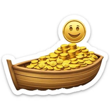 emoji of gold coins on the boat in the sea sticker