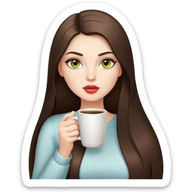 Curvy but beautiful brunette girl, chartreuse eyes, pin straight super long hair, modern style and glossy lips. Drinking coffee sticker