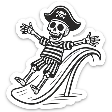 Make the pirate a skeleton pirate, keep the hand drawn doodle style, whimsical and lighthearted, on a water slide. sticker