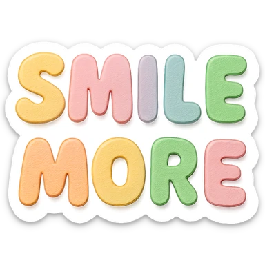 "Smile More" soft pastel rainbow puffy lettering, cute bubble font, no frame, isolated for stickers, transparent background sticker