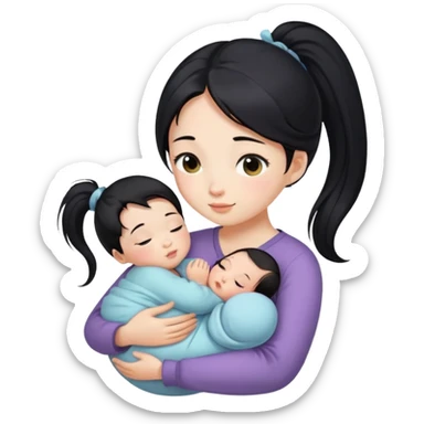 Ponytail chinese girl hugs a newborn baby and a girl sticker
