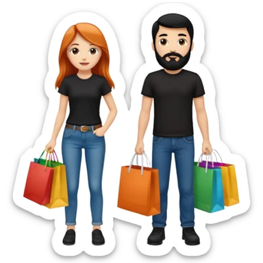 Chica blanca con cabello cobrizo largo y chico con cabello y barba negra los dos de contextura media los dos vestidos de jeans y camiseta negra con bolsas de compras de colores sticker