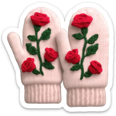 A pair of cozy knitted mittens with a rose design sticker