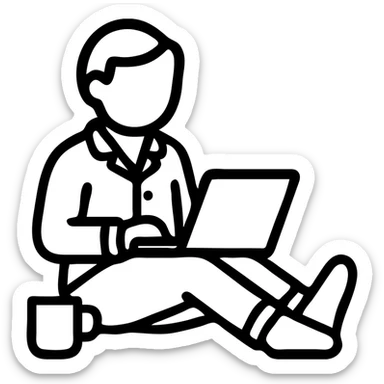 minimalist icon of a lazy SMM specialist with a laptop on lap, wearing pajamas, coffee cup nearby sticker