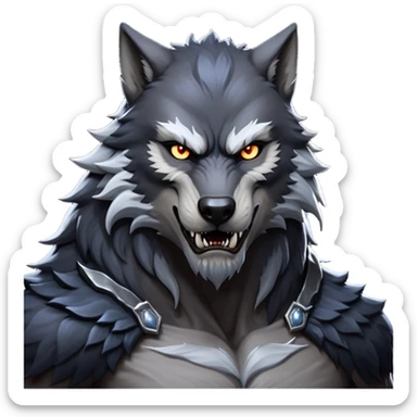 cinematic-noble-fierce-werewolf-portrait-emoji, poised-and-imposing, with a tall, slender yet muscular frame inspired by the brutal, imposing shape of the beast from Berserk, fur rippling in shades of midnight black and silver, eyes glowing with an intense, primal ferocity, reflecting the untamed power of the wild moonlit night; rendered with realism sticker