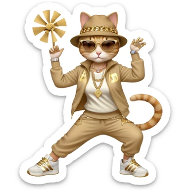 female cat in Run DMC hip-hop outfit with tracksuit, fedora, Adidas sneakers, dark sunglasses, many gold chains and bling accessories, doing a windmill break dance move sticker