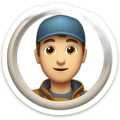 Guy with brown hair and short, eyes with a cap that is inside a circle window that try to exit with a hand on the top of cornice sticker