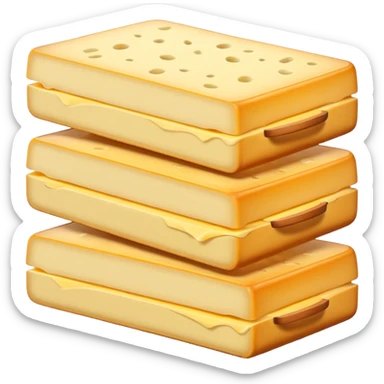 raclette cheese slices, semi-thick, rectangular, pale yellow, smooth, darker rind, creamy firm texture, subtle sheen, stacked or fanned, no grill, potatoes, extras, or faces, clean 3D, soft shadows, transparent background, emoji scale sticker