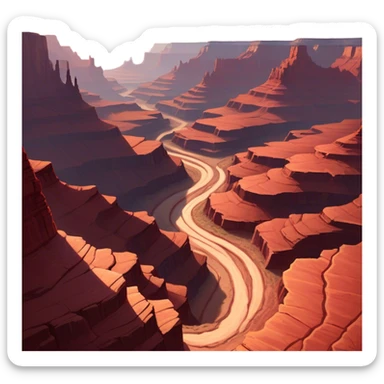Cinematic Realistic Canyon Emoji, Vast and rugged, with deep red rock formations and winding paths leading down to a dry, dusty floor. Sunlight casts long shadows across the craggy surfaces, highlighting the layers of ancient rock. Soft glowing outline, capturing the essence of dramatic beauty and ancient history in a mighty canyon. sticker