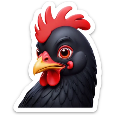 Cinematic Comical Black Chicken Portrait Emoji, Head tilted dramatically with an exaggeratedly amused expression, featuring a sleek, glossy black plumage with a bold red comb, wide, expressive beady eyes filled with playful disbelief, Simplified yet hilariously expressive features, highly detailed, glowing with a slightly sassy glow, high shine, dramatic yet playful, stylized with an air of cheeky mischief, bright and endearing, soft glowing outline, capturing the essence of a spirited and over-the-top chicken, so meme-worthy it feels like it could cluck its way into internet fame instantly! sticker