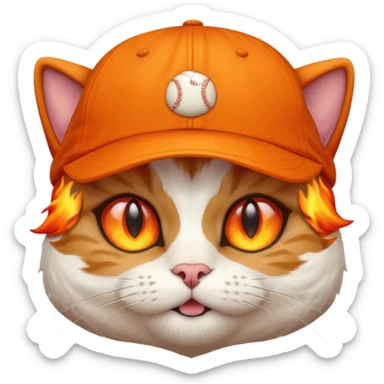 Cat with the flames in his eyes with a orange baseball hat on his head sticker
