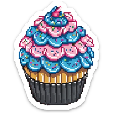 giant cupcake with pink icing and colorful sprinkles, striped cupcake wrapper, pixel art style sticker