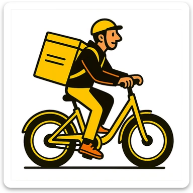 A courier on a yellow electric bike, wearing yellow and black clothes rides from left to right. On his back is a yellow food delivery bag. sticker