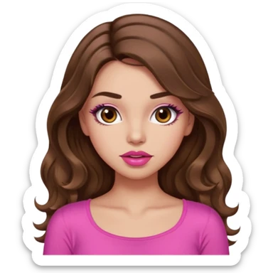 girl with long wavy brown hair, brown eyes, light to medium complexion, in a pink sexy top, pink lips, long lashes, puckered lips, what ever sticker