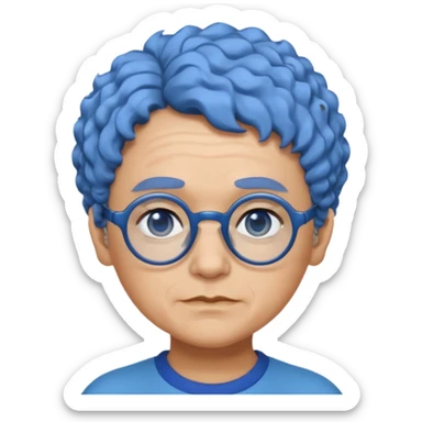 old laydy with short, curly blue hair, matching blue eyebrows, light brown skin, round black glasses, and a neutral facial expression. sticker