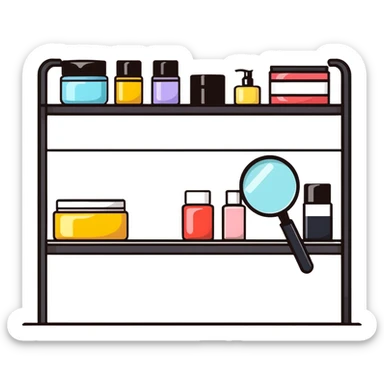 front view magnifying glass over empty beauty product shelf searching sticker