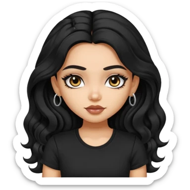 a pretty FAIR indian bratz girl with wavy long black hair, wearing a black tshirt, eyeliner on sticker