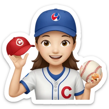 a korean girl cheering her favorite baseball team, wearing the team uniform, baseball cap, and holding baseball sticker