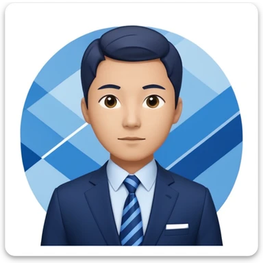 confident and professional Korean businessman emoji, wearing navy suit and blue tie, standing in front of modern corporate background with blue and white geometric stripes, expression conveying leadership, trustworthiness, and digital innovation sticker