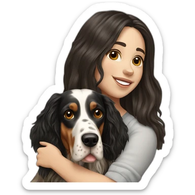 hyperrealist caucasian girl black long hair with brown english setter dog sticker